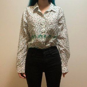 Old Navy White Green Floral Button Down Blouse Top Shirt Medium Earthy Nature